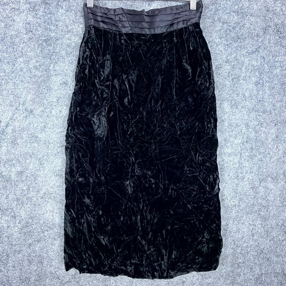 Vintage AKF New York Midi Skirt Womens 8 Black Crushed Velvet Formal Back Slit‎